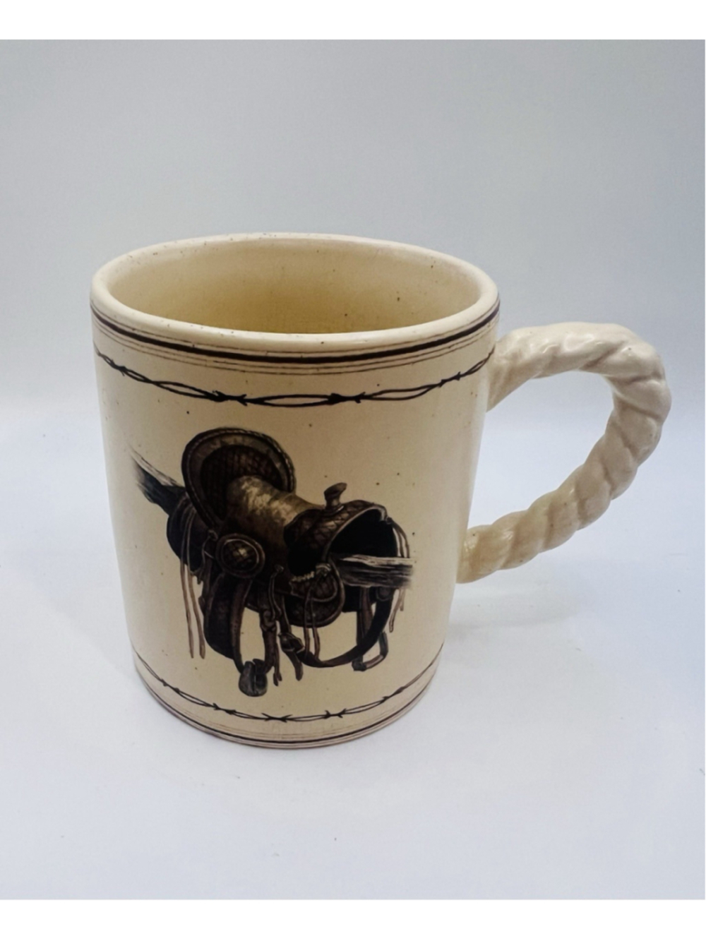 Vintage Western Saddle Ceramic Coffee Mug Country Cowboy Braided Rope Handle